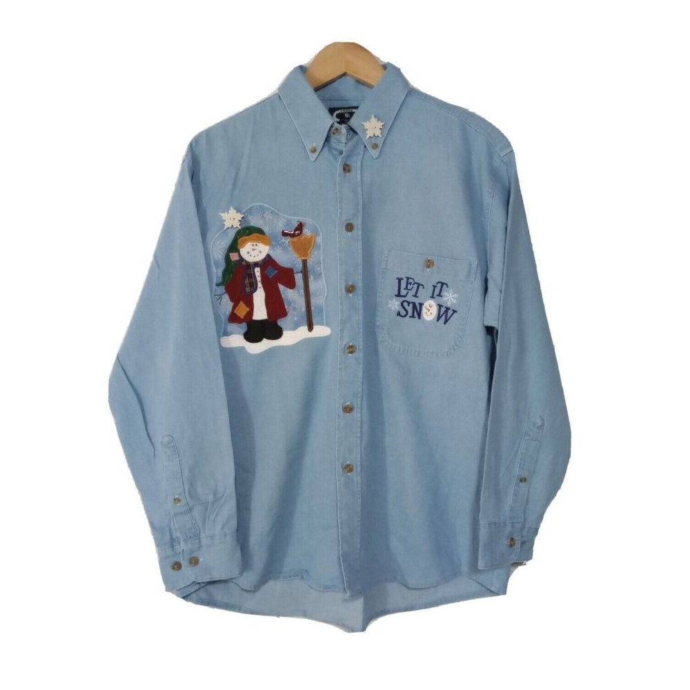 Vintage Three Rivers Long Sleeve Button Up Denim Shirt Snowman Embroidered Sz M